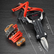 A dimension specification chart for the EDC slingshot knife, showing measurements including an overall length of 15cm, a 4.8cm blade, a 7.5cm handle, and a 5.5cm fork width, displayed with a black sheath and a tan folded slingshot on a dark stone surface.