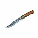 An engraved curved fixed blade knife with a wooden handle and a brass animal head guard, displayed on a white background for product clarity.