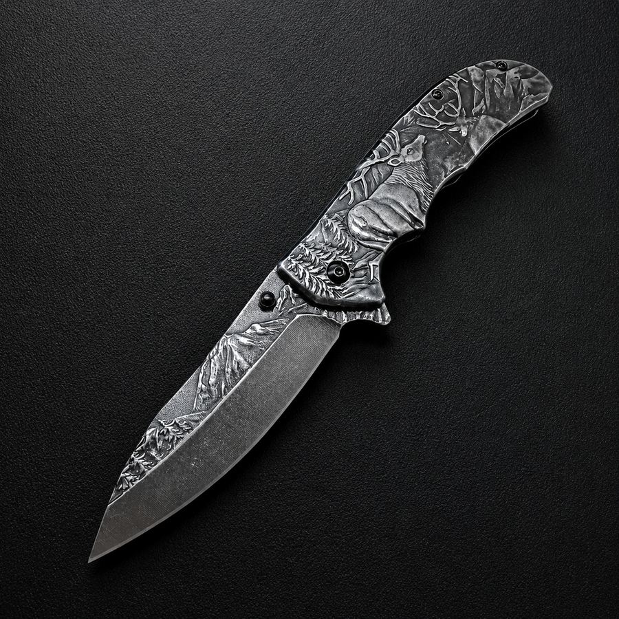 An open folding knife featuring intricate engraving of a deer and forest landscape on the blade and handle, displayed on a dark textured surface.