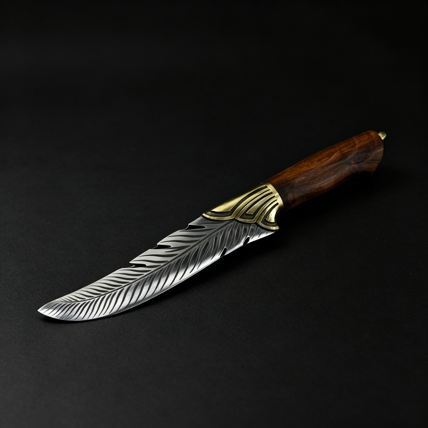 An engraved fixed blade knife with a feather-patterned silver blade, a brass bolster, and a wooden handle, displayed diagonally on a black background.