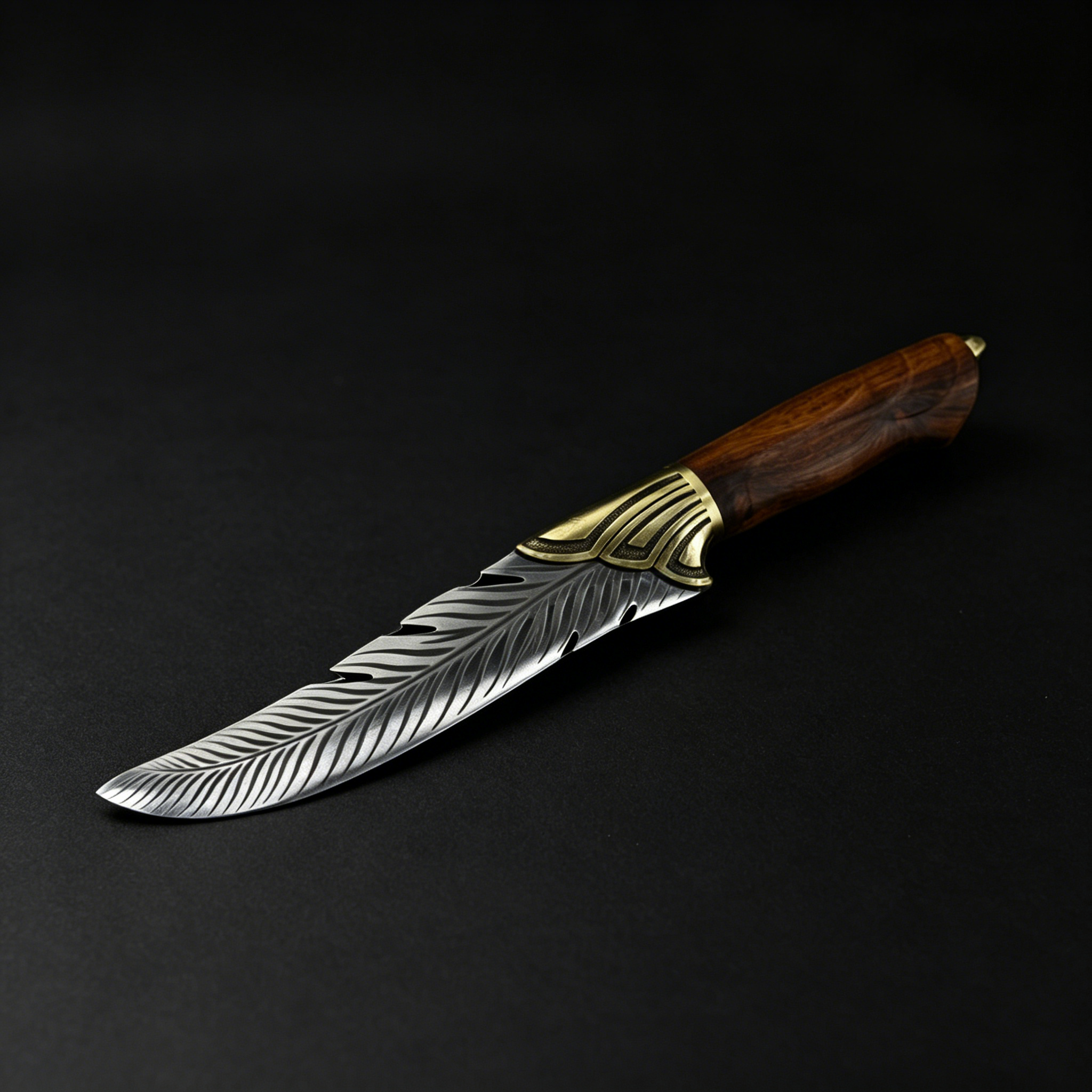 An engraved fixed blade knife with a feather-patterned silver blade, a brass bolster, and a wooden handle, displayed diagonally on a black background.