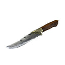 An engraved fixed blade knife with a feather-patterned silver blade, a brass bolster, and a wooden handle, displayed diagonally on a white background.