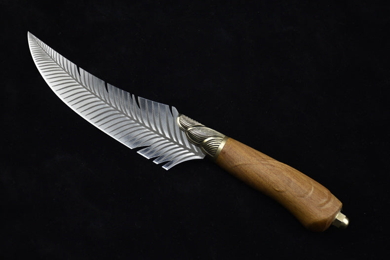 A side profile view of a curved fixed blade knife, emphasizing the sweeping shape of the silver feather blade and the wooden handle.