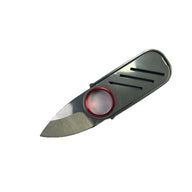 An open flat stainless steel EDC folding knife with a red ring and cutout design, displayed on a solid white background for product photography.