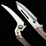 Two open folding knives with bronze-colored handles and silver blades displayed on a black background. The left knife features a fully serrated blade with a gold lock bar insert, while the right knife features a plain edge blade with a groove.