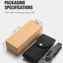 Packaging specifications for a black folding adjustable wrench multi-tool, shown next to its black nylon sheath and brown cardboard box. Dimensions: length 17.6cm, width 6.8cm, height 5cm. Total weight including packaging is 340g.