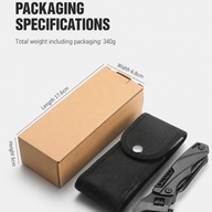 Packaging specifications for a black folding adjustable wrench multi-tool, shown next to its black nylon sheath and brown cardboard box. Dimensions: length 17.6cm, width 6.8cm, height 5cm. Total weight including packaging is 340g.