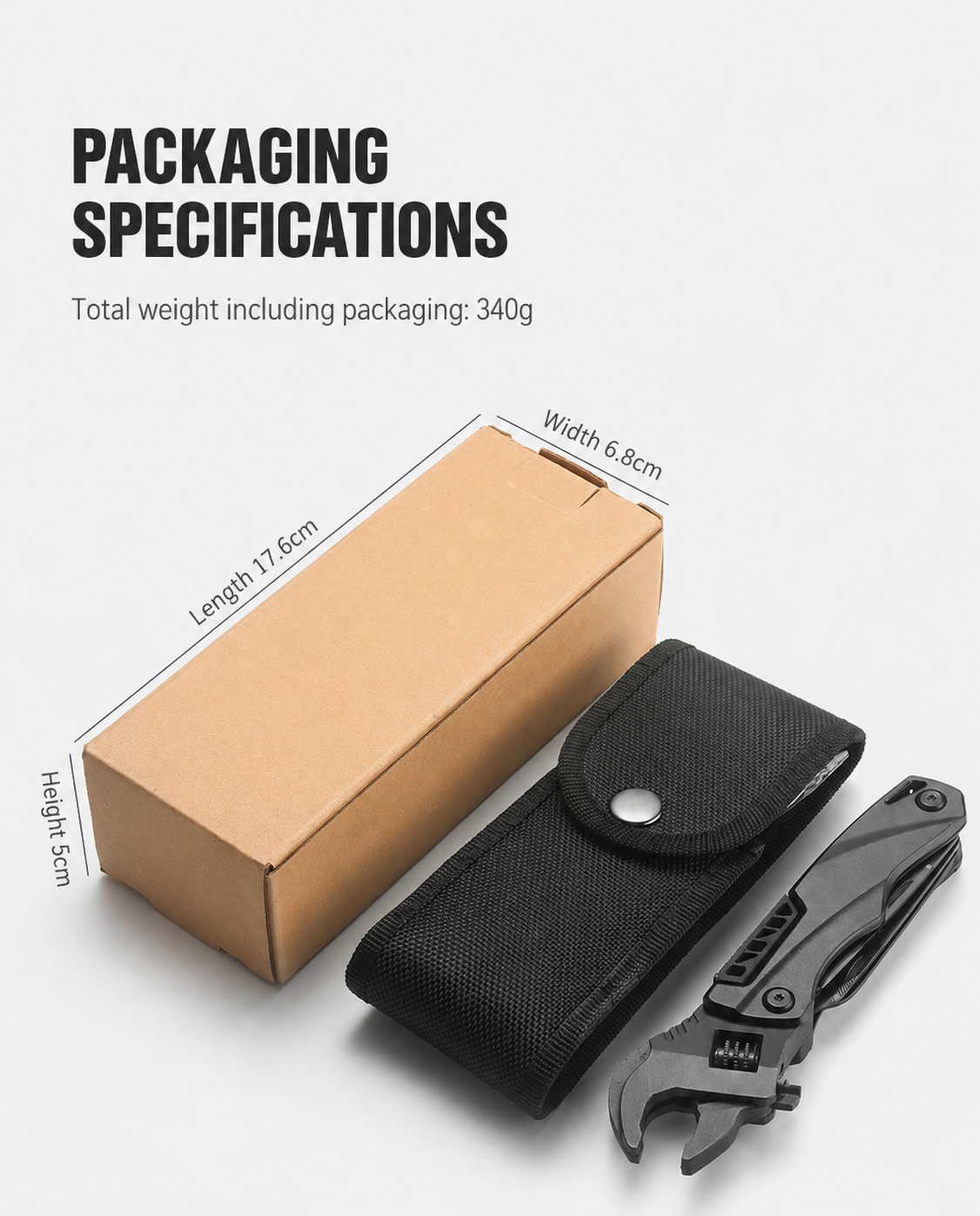 Packaging specifications for a black folding adjustable wrench multi-tool, shown next to its black nylon sheath and brown cardboard box. Dimensions: length 17.6cm, width 6.8cm, height 5cm. Total weight including packaging is 340g.