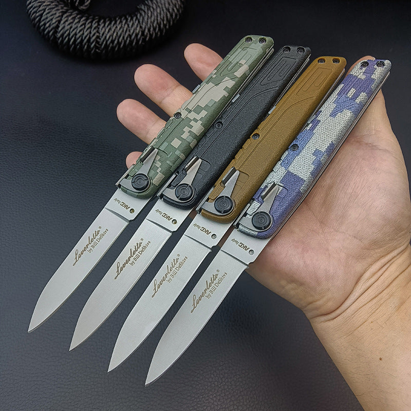 An open hand holding four folding knives with various camo and solid-colored handles, showing their compact size.