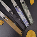 A collection of four folding knives showing both open and closed positions, with a focus on the handle texture and locking mechanism.