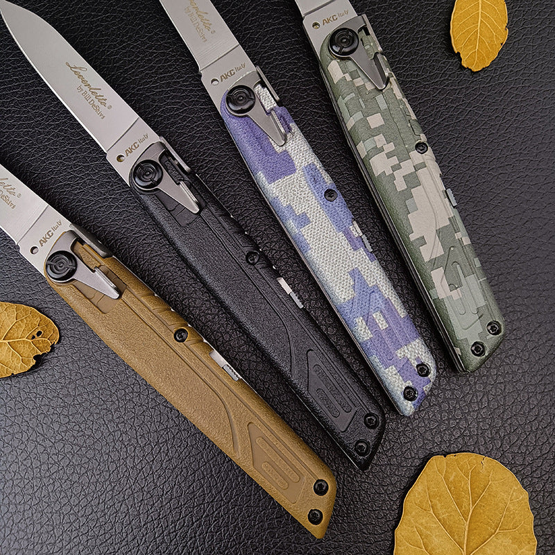 A collection of four folding knives showing both open and closed positions, with a focus on the handle texture and locking mechanism.