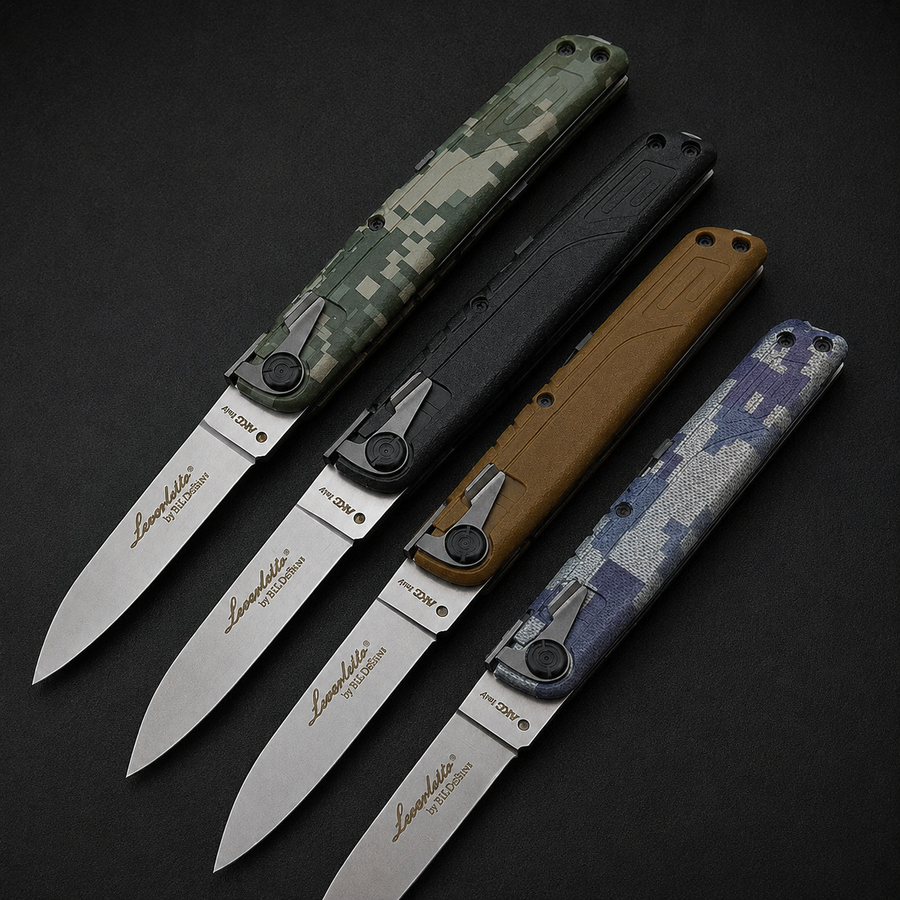 Four open lever-action folding knives displayed in a row on a dark surface, featuring green camo, black, tan, and blue digital camo handles.