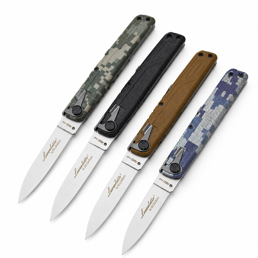Four open Leverletto folding knives with green digital camo, black, tan, and blue digital camo handles, displayed on a white background.