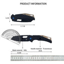 Product information chart for a Fox folding knife with a black and tan handle and a blue pivot screw. It displays a closed knife measuring 4.2cm in height and 11.7cm in length, and an open knife with a 8.3cm blade and a 20cm total length. Annotations indicate the blade material is 440c steel and the handle material is T6 aluminum.