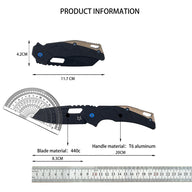 Product information chart for a Fox folding knife with a black and tan handle and a blue pivot screw. It displays a closed knife measuring 4.2cm in height and 11.7cm in length, and an open knife with a 8.3cm blade and a 20cm total length. Annotations indicate the blade material is 440c steel and the handle material is T6 aluminum.
