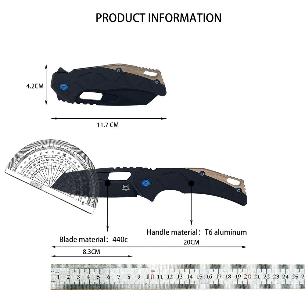 Product information chart for a Fox folding knife with a black and tan handle and a blue pivot screw. It displays a closed knife measuring 4.2cm in height and 11.7cm in length, and an open knife with a 8.3cm blade and a 20cm total length. Annotations indicate the blade material is 440c steel and the handle material is T6 aluminum.