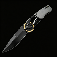 An open tactical folding knife with a black blade, dark grey handle, and a distinctive gold gear pivot mechanism, displayed on a black background.