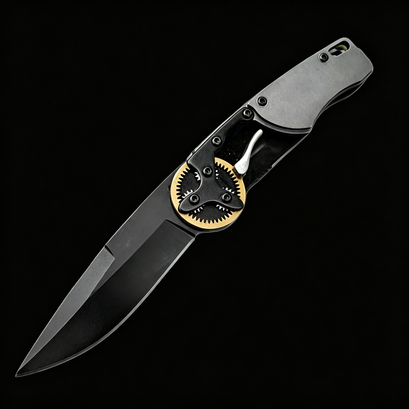 An open tactical folding knife with a black blade, dark grey handle, and a distinctive gold gear pivot mechanism, displayed on a black background.