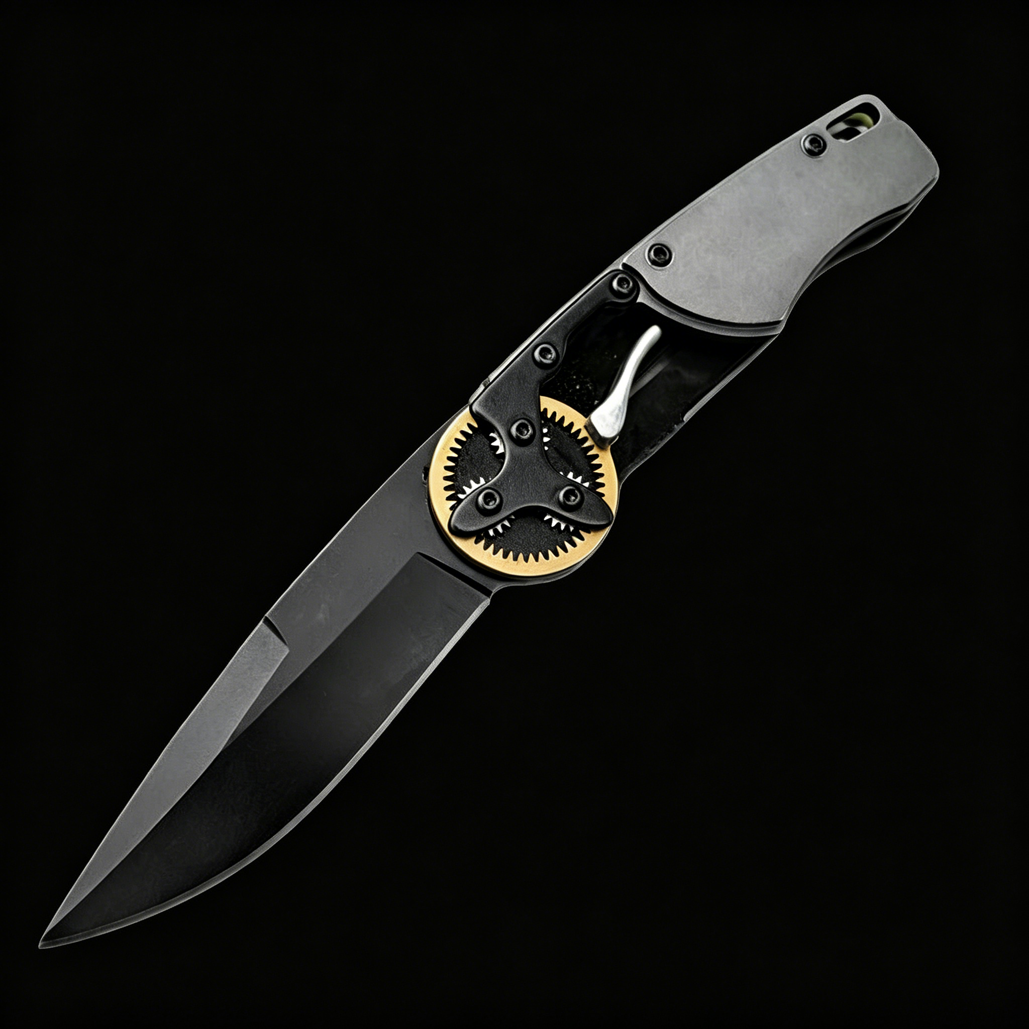 An open tactical folding knife with a black blade, dark grey handle, and a distinctive gold gear pivot mechanism, displayed on a black background.