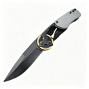 An open tactical folding knife with a black blade, dark grey handle, and a gold gear pivot mechanism, displayed on a white background.