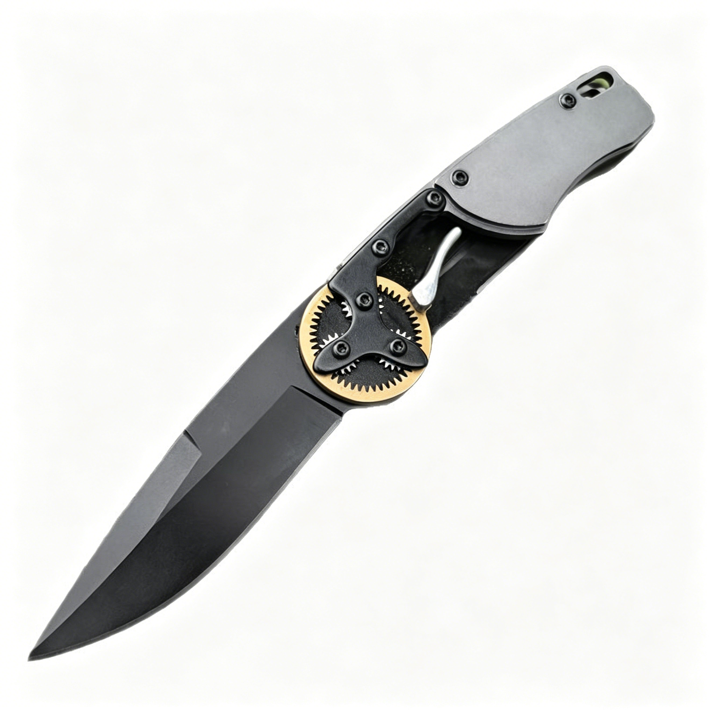 An open tactical folding knife with a black blade, dark grey handle, and a gold gear pivot mechanism, displayed on a white background.