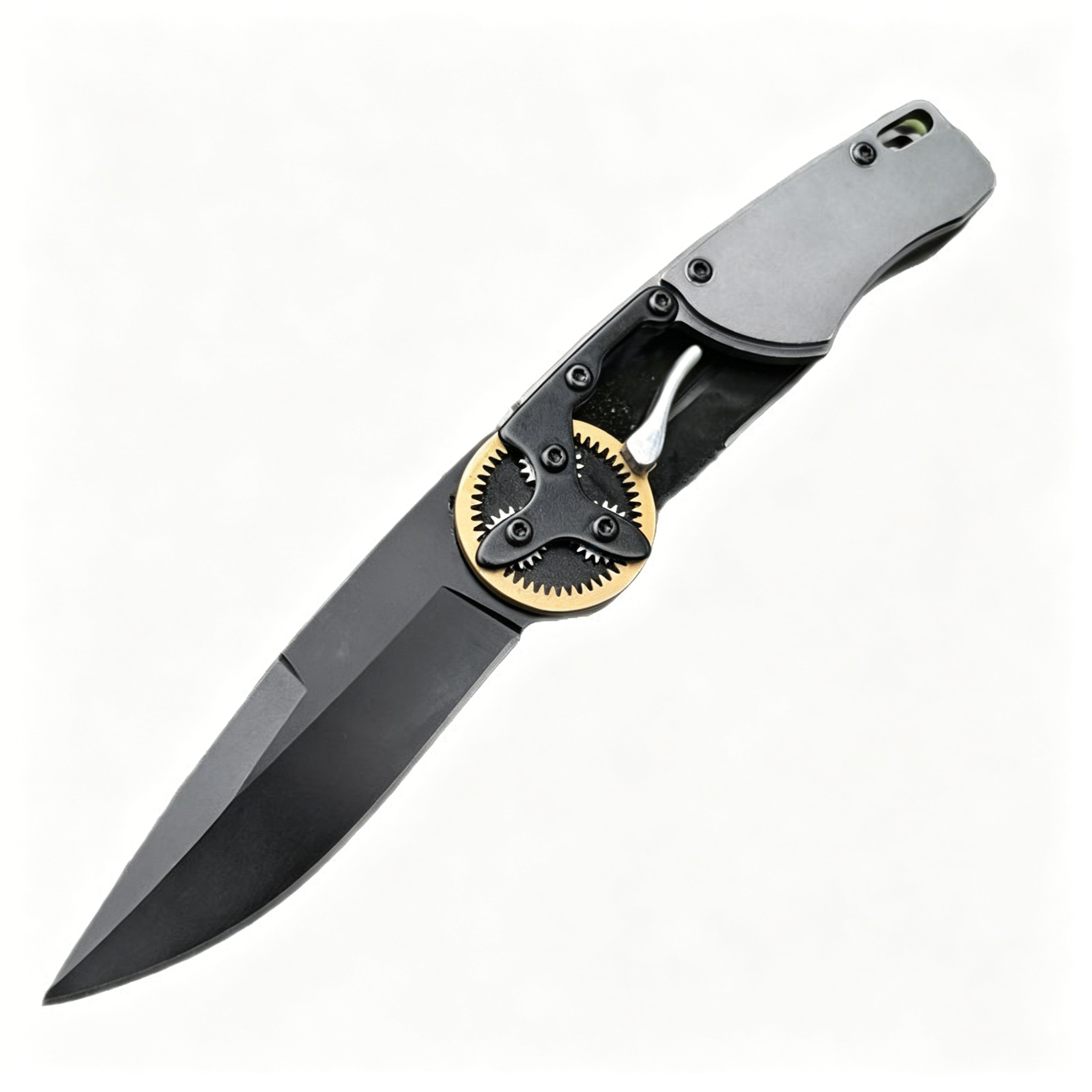An open tactical folding knife with a black blade, dark grey handle, and a gold gear pivot mechanism, displayed on a white background.