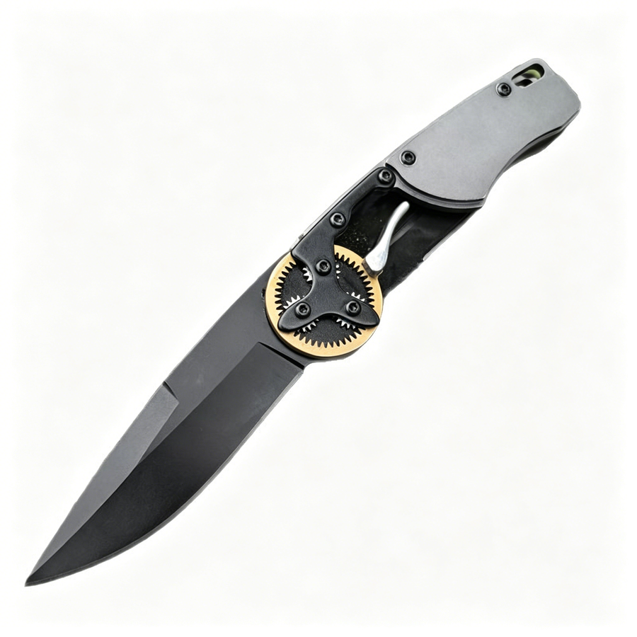 An open tactical folding knife with a black blade, dark grey handle, and a gold gear pivot mechanism, displayed on a white background.