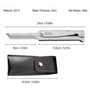 Full-metal gravity folding knife specification chart featuring 3Cr13 stainless steel construction, 9cm blade length, 23cm overall length, 3mm blade thickness, 269g net weight, and matching black leather sheath dimensions.
