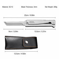 Full-metal gravity folding knife specification chart featuring 3Cr13 stainless steel construction, 9cm blade length, 23cm overall length, 3mm blade thickness, 269g net weight, and matching black leather sheath dimensions.