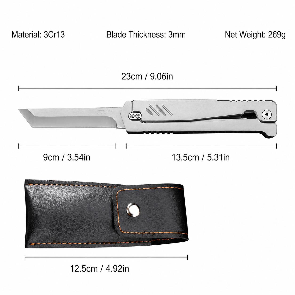 Full-metal gravity folding knife specification chart featuring 3Cr13 stainless steel construction, 9cm blade length, 23cm overall length, 3mm blade thickness, 269g net weight, and matching black leather sheath dimensions.