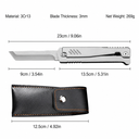 Full-metal gravity folding knife specification chart featuring 3Cr13 stainless steel construction, 9cm blade length, 23cm overall length, 3mm blade thickness, 269g net weight, and matching black leather sheath dimensions.