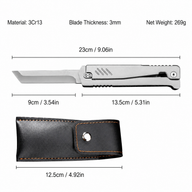Full-metal gravity folding knife specification chart featuring 3Cr13 stainless steel construction, 9cm blade length, 23cm overall length, 3mm blade thickness, 269g net weight, and matching black leather sheath dimensions.