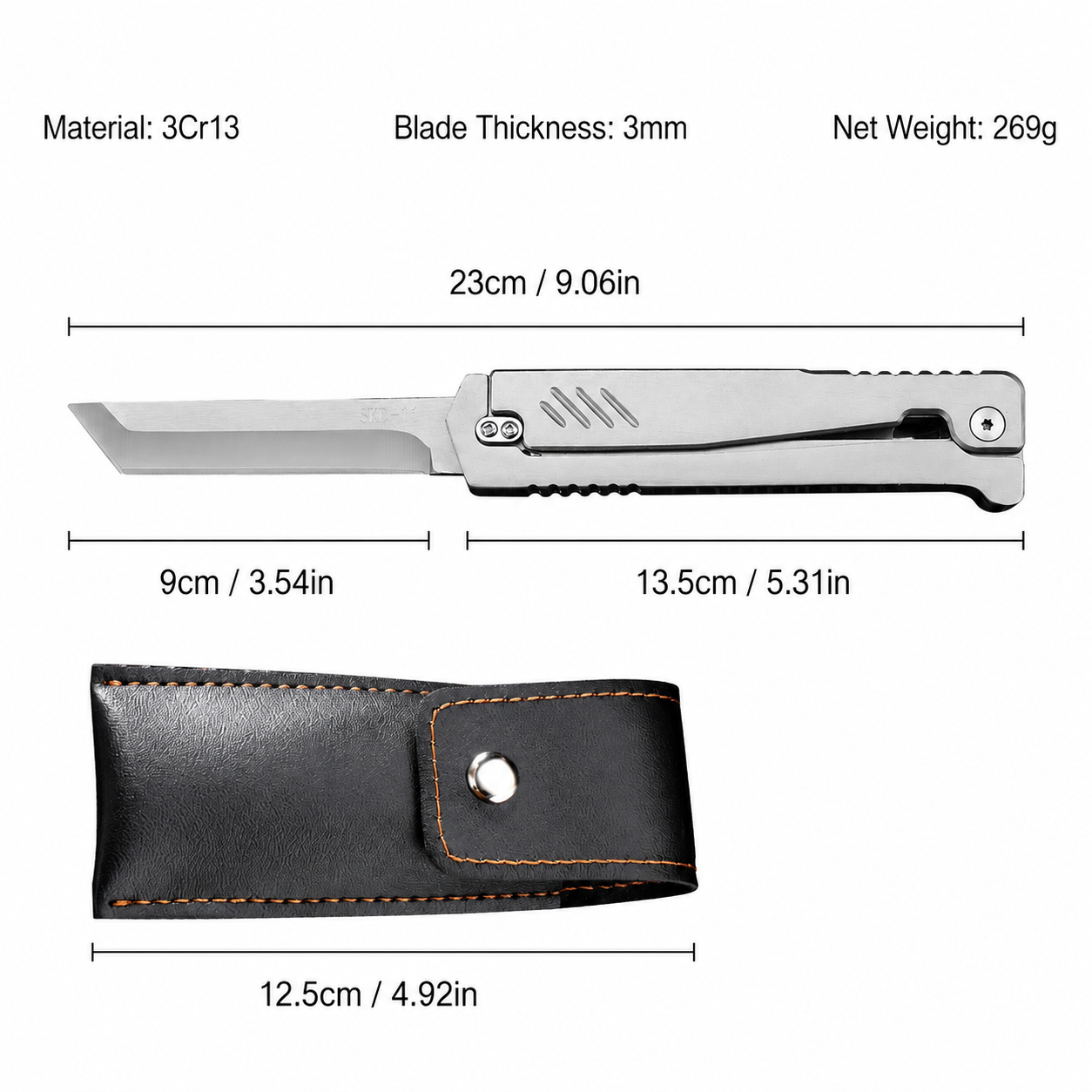 Full-metal gravity folding knife specification chart featuring 3Cr13 stainless steel construction, 9cm blade length, 23cm overall length, 3mm blade thickness, 269g net weight, and matching black leather sheath dimensions.