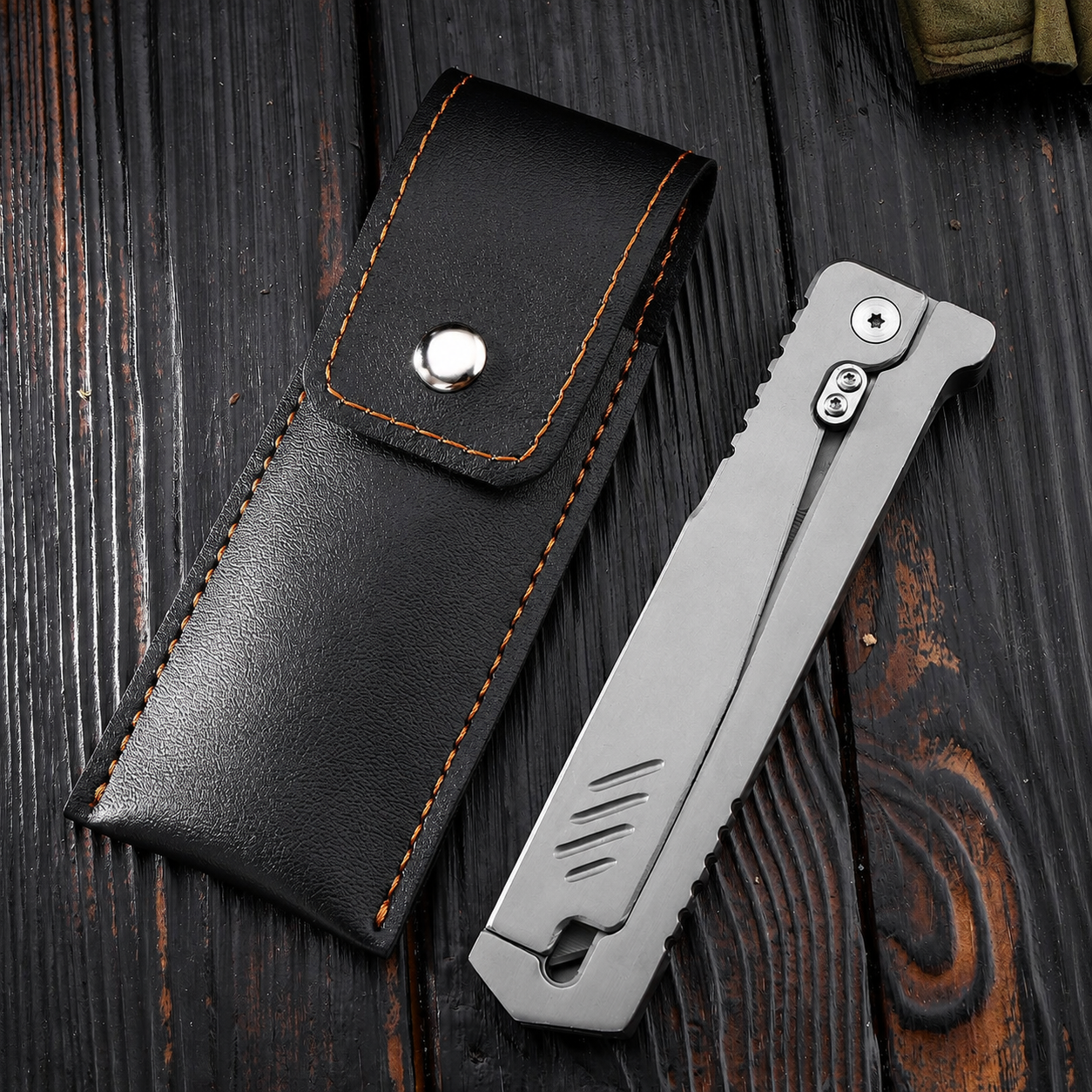 Silver full-metal gravity folding knife in closed position, paired with a custom black leather sheath featuring contrast stitching, displayed on a textured wooden background.
