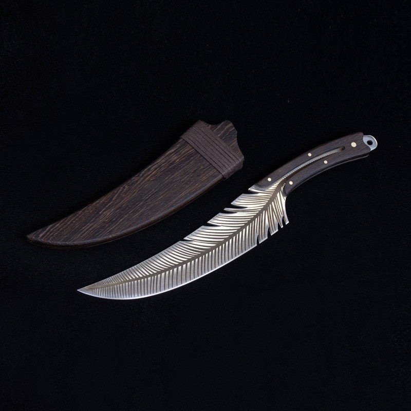 Hand-forged 35cm boning knife with 21.8cm high carbon steel blade, ergonomic rosewood handle with copper pins, sharp feather edge, includes protective leather sheath, ideal for professional chefs.