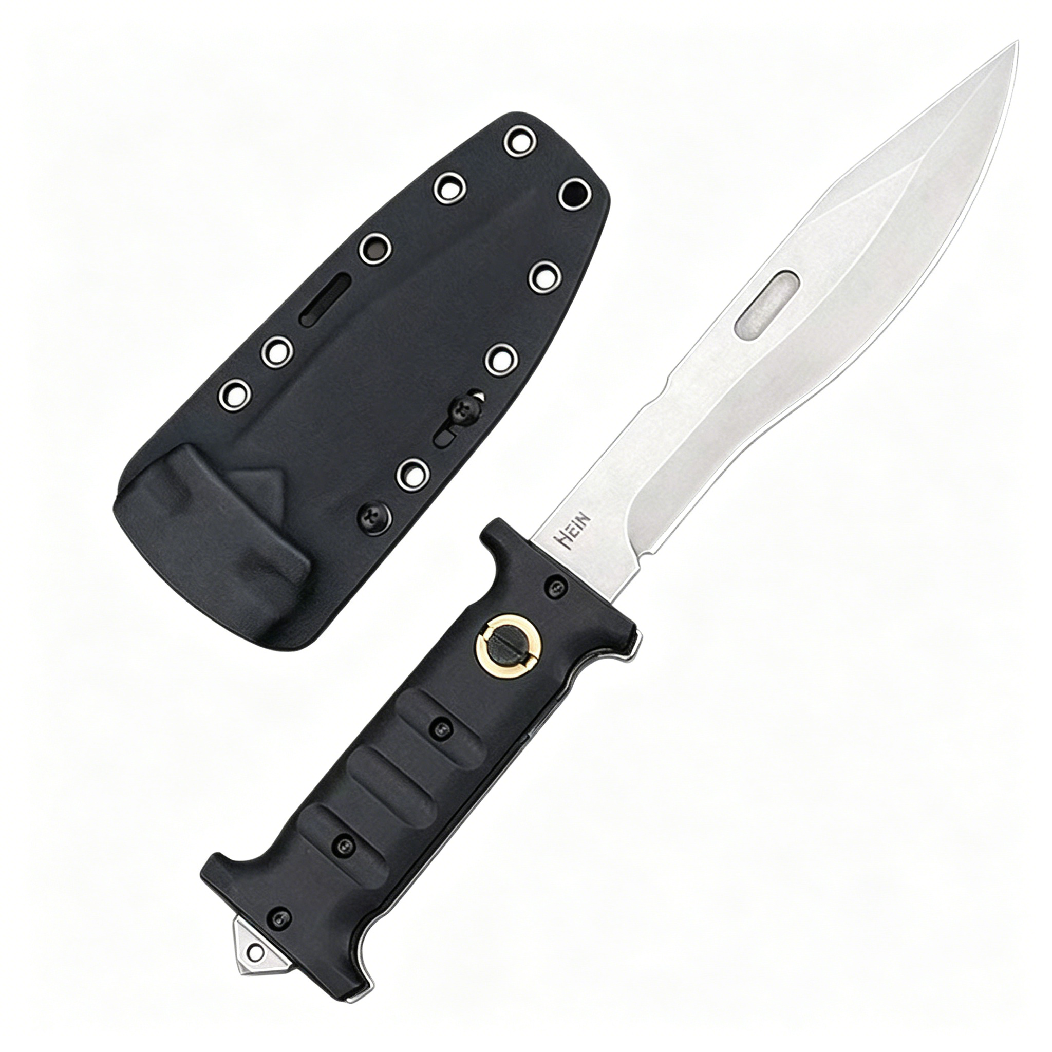 An open folding knife with a black handle featuring finger grooves and a brass pivot, a silver blade with a fuller and "HEIN" engraving, displayed next to a black hard sheath with eyelets on a white background.