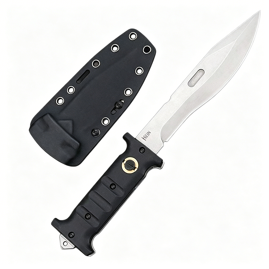 An open folding knife with a black handle featuring finger grooves and a brass pivot, a silver blade with a fuller and "HEIN" engraving, displayed next to a black hard sheath with eyelets on a white background.