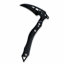 Front-facing studio close-up of a pure black tactical multi-purpose breaching tool, highlighting its sharp hooked blade, anti-slip handle texture, and rear glass breaker spike.