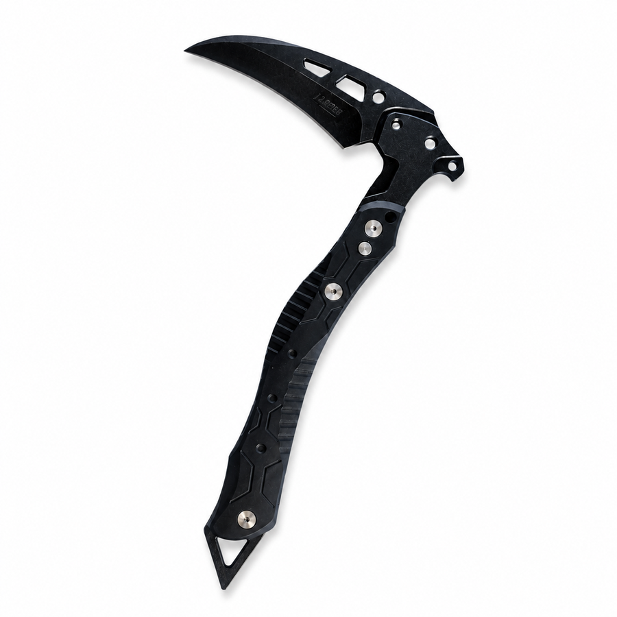 Front-facing studio close-up of a pure black tactical multi-purpose breaching tool, highlighting its sharp hooked blade, anti-slip handle texture, and rear glass breaker spike.