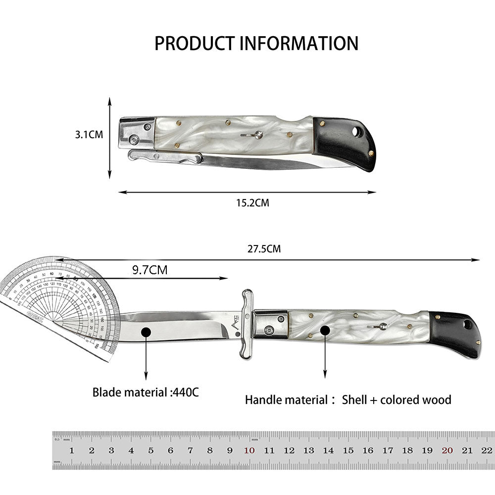 Product information chart for an Italian stiletto folding knife. The image shows a closed knife with a 15.2cm total length and 3.1cm height, and an open knife with a 27.5cm total length and 9.7cm blade length. Annotations indicate the blade material is 440C steel and the handle material is shell and colored wood.