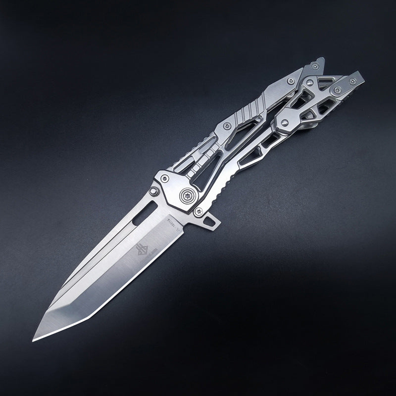 JL-160 all-steel mechanical tactical folding knife with 85mm steel blade and 120mm steel handle, 210mm overall length, 59HRC hardness, durable and compact, ideal for tactical and outdoor use.