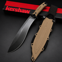 A Kershaw fixed blade knife with a tan textured handle and black blade, displayed next to its matching tan molded sheath and red and black packaging box on a dark background.