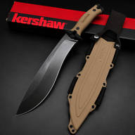 A Kershaw fixed blade knife with a tan textured handle and black blade, displayed next to its matching tan molded sheath and red and black packaging box on a dark background.