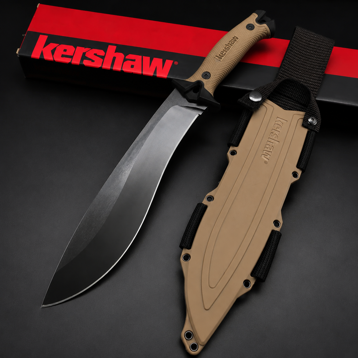 A Kershaw fixed blade knife with a tan textured handle and black blade, displayed next to its matching tan molded sheath and red and black packaging box on a dark background.