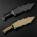 Two Kershaw fixed blade knives with textured handles and molded sheaths; the top knife is black and the bottom knife is tan, displayed on a dark surface.