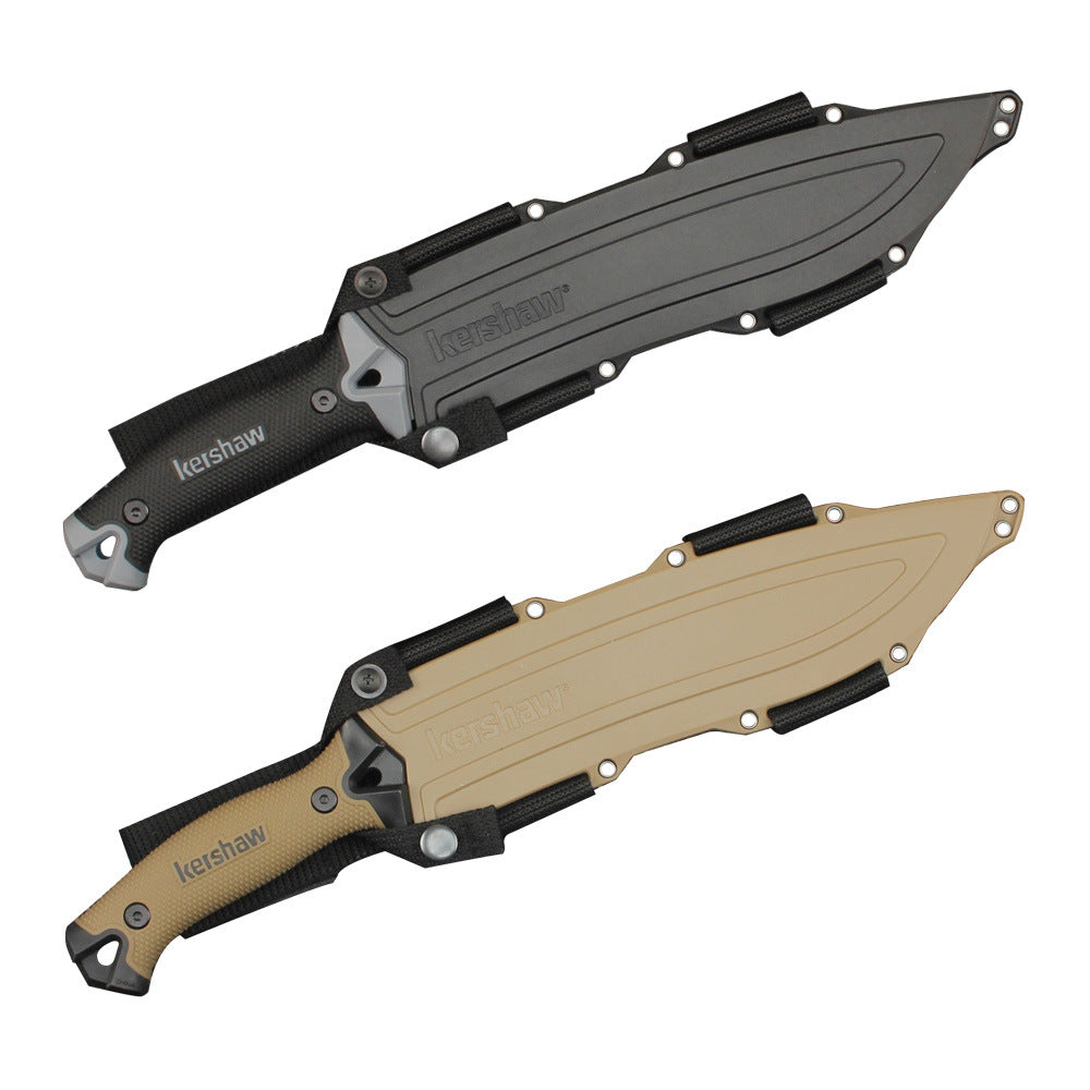 Two Kershaw fixed blade knives with molded sheaths, one black and one tan, displayed on a white background.