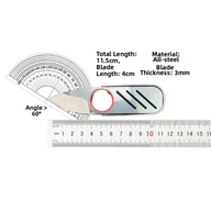 Product size chart for the keychain folding knife, showing a total length of 11.5cm, blade length of 4cm, blade thickness of 3mm, and an angle greater than 60 degrees. Includes a ruler and protractor on a white background.