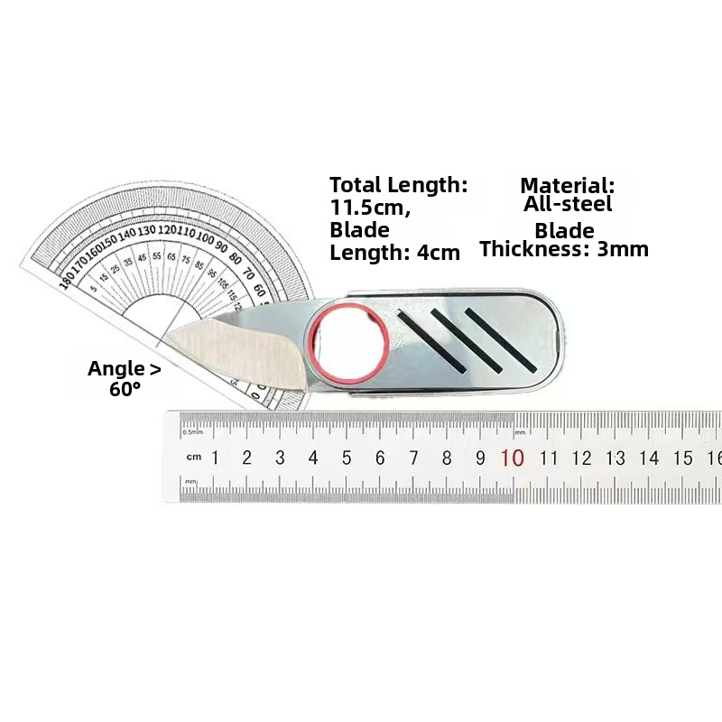 Product size chart for the keychain folding knife, showing a total length of 11.5cm, blade length of 4cm, blade thickness of 3mm, and an angle greater than 60 degrees. Includes a ruler and protractor on a white background.