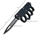 Product specification chart for the knuckle duster OTF knife, showing a total length of 14.2cm, a blade length of 9cm, and labeling the blade material as 440C steel and the handle material as zinc alloy.