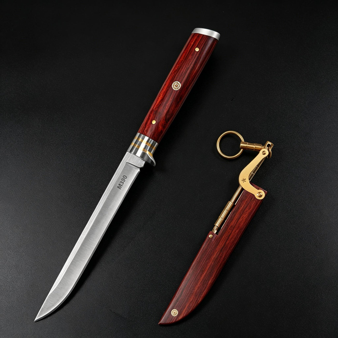 An open M390 folding knife with a wood handle and metal guard, positioned next to its separate wooden sheath with a brass linkage and key ring, on a dark background.